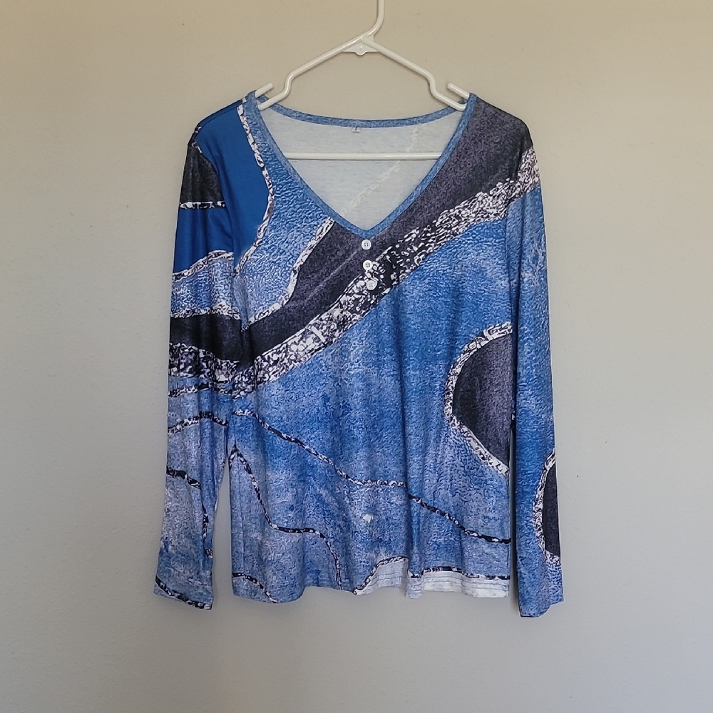 Source Unknown Blue and Black V-Neck Long Sleeve Top 1❤️